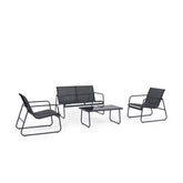 Kortárs stílusú, négyrészes, szénfekete színű fém kerti bútor szett textilén ülőfelülettel.