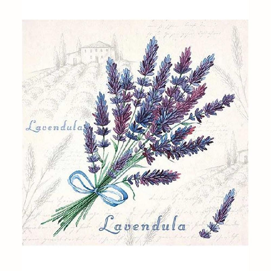 Illustration of a lavender bouquet tied with a blue ribbon on a light background