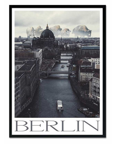 Loft stílusú, Berlint ábrázoló fotóprint üvegezett fekete színű fa képkeretben