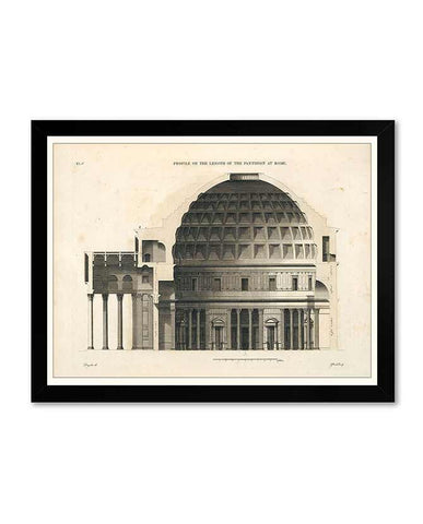Jean-Baptiste Coignard a római Pantheonról készült hosszmetszeti metszetrajzának vászonra nyomtatott fotóprintje fekete színű fa képkeretben