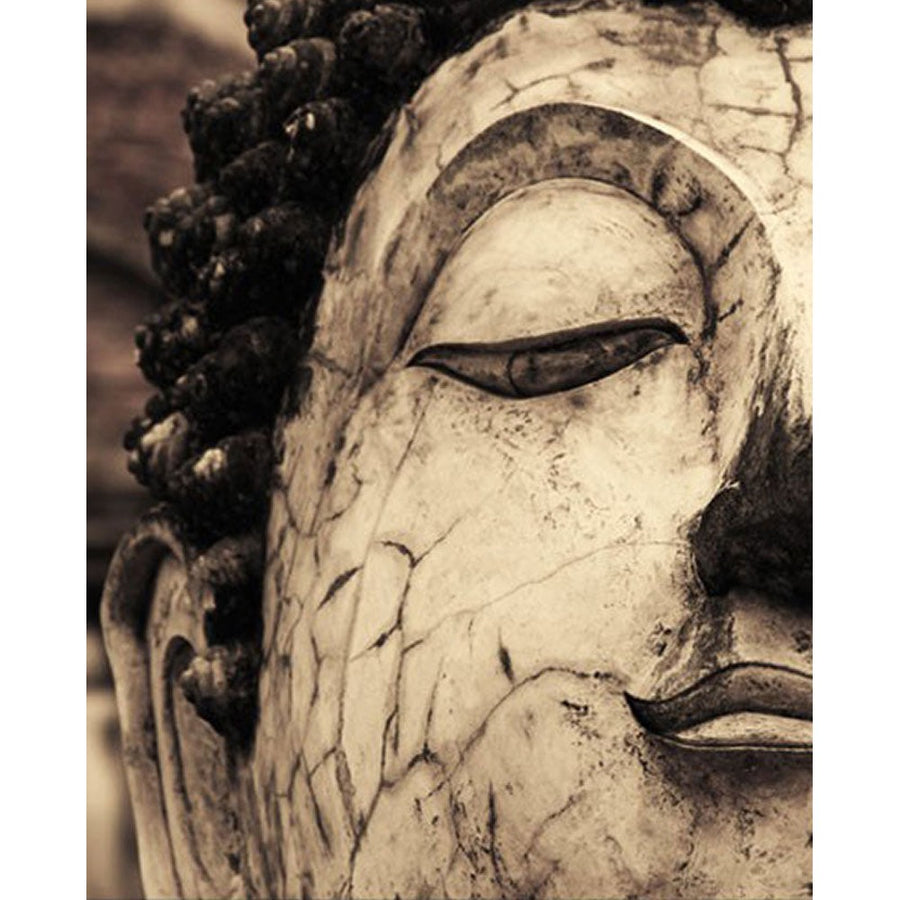 Vászonkép Buddha portré fakeretben szépia tónusokban, 90 cm széles.