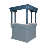 Kék színű, fenyőfából készült bárpult sarokelem öt oszlopon álló galériával.