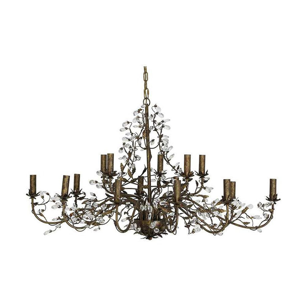 Vintage stílusú, antik bronz színű, üveg virágokkal díszített, 15 karú csillár