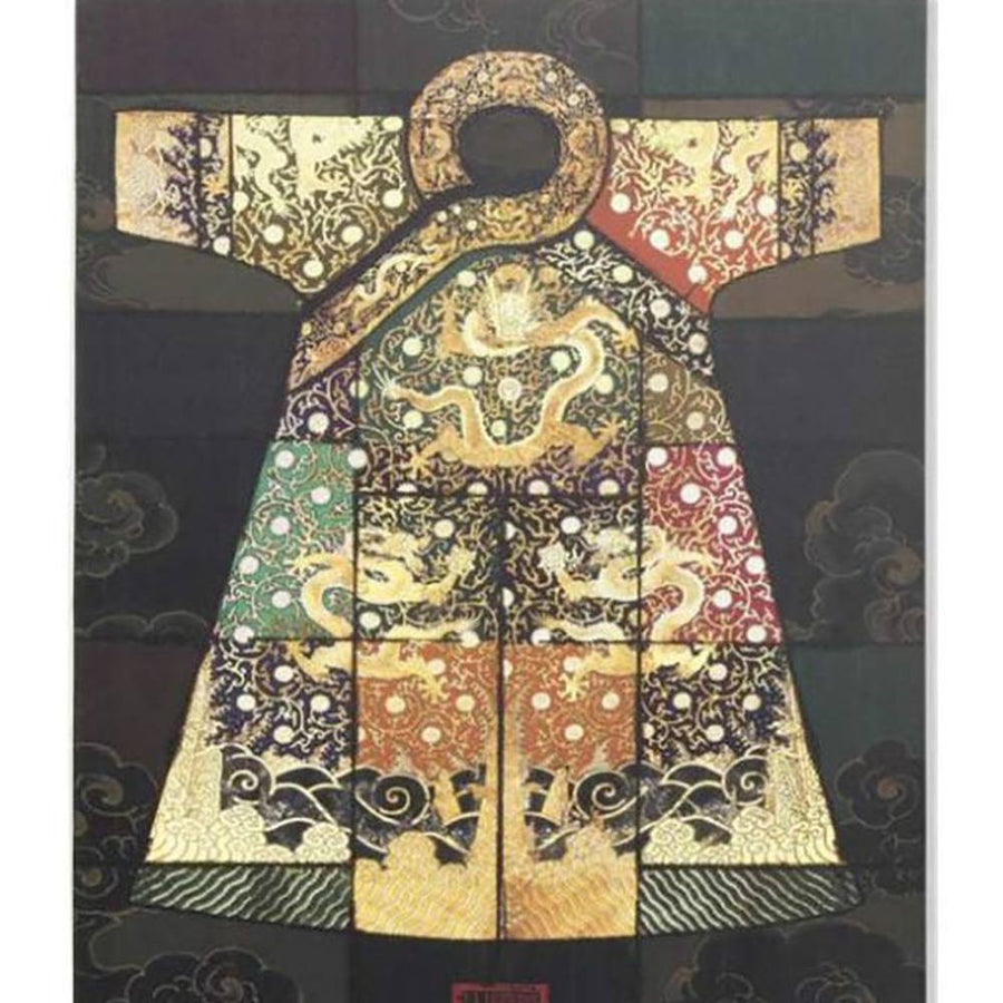 Decorative canvas print of a stylized kimono by Shen Zhiyong with gold embroidery and lush botanical motifs.