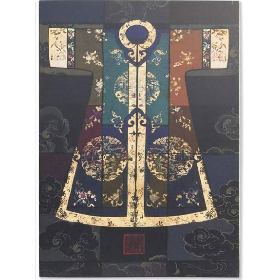 Dark themed canvas print of a stylized kimono with gold accents and floral motifs by Shen Zhiyong.