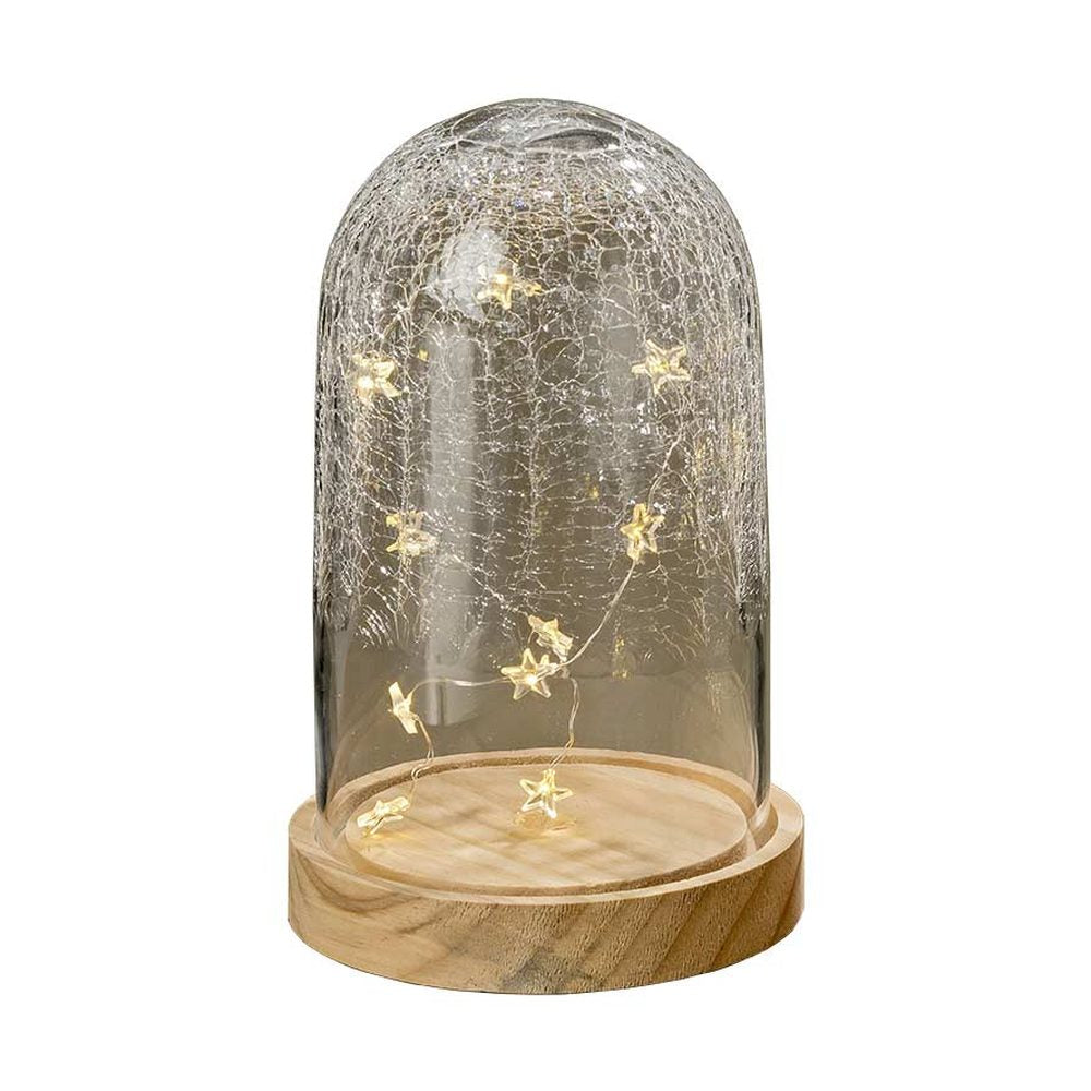 Vidéki stílusú, repesztett, foncsoros dizájnú üvegbúra fa talapzattal, karácsonyi csillag formájú, meleg fényű LED világítással