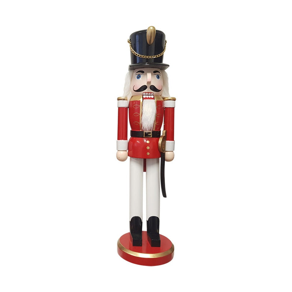 Klasszikus stílusú, piros, fehér, fekete és aranyszínű fából készült diótörő katona figura.