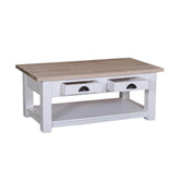 Klasszikus formatervezésű dohányzóasztal két fiókkal és egy polccal. Színe: fehér és natúr.