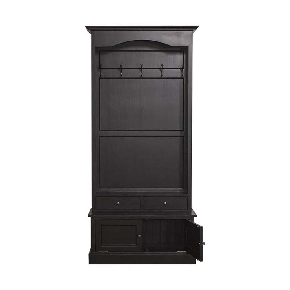 Fekete klasszicizáló előszobafal öt fogassal, két fiókkal és cipősszekrénnyel.