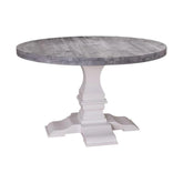 Kerek, fenyőfa étkezőasztal tölgyfa asztallappal. Az asztal lába fehér színű, az asztallap pácolt szürke.