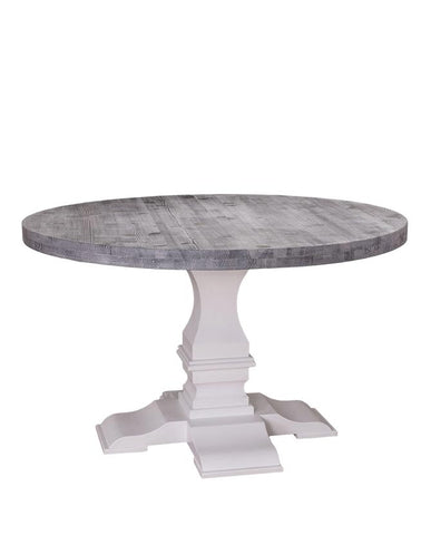 Kerek, fenyőfa étkezőasztal tölgyfa asztallappal. Az asztal lába fehér színű, az asztallap pácolt szürke.