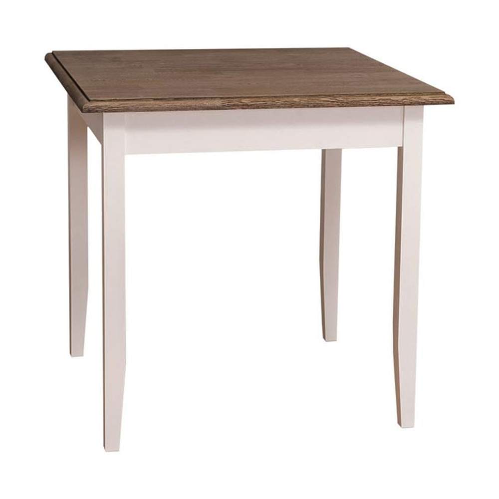 Fenyőfa étkezőasztal tölgyfa asztallappal. A lábak színe fehér, az asztallap színe lakkozott tölgy.