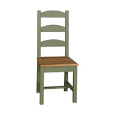 Olívazöld színű, festett fenyőfa étkezőszék, natúr tölgyfa ülőlappal.