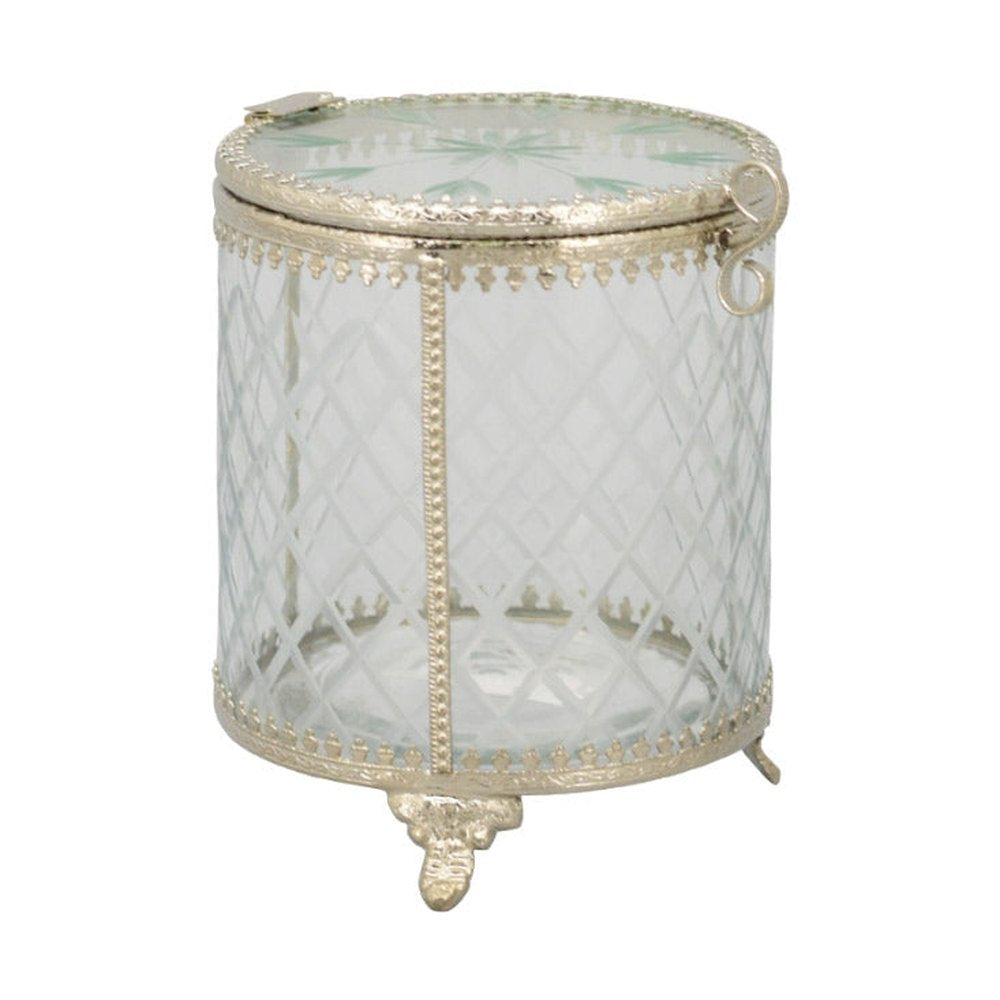 Fémcsipkével díszített üveg bonbonier.