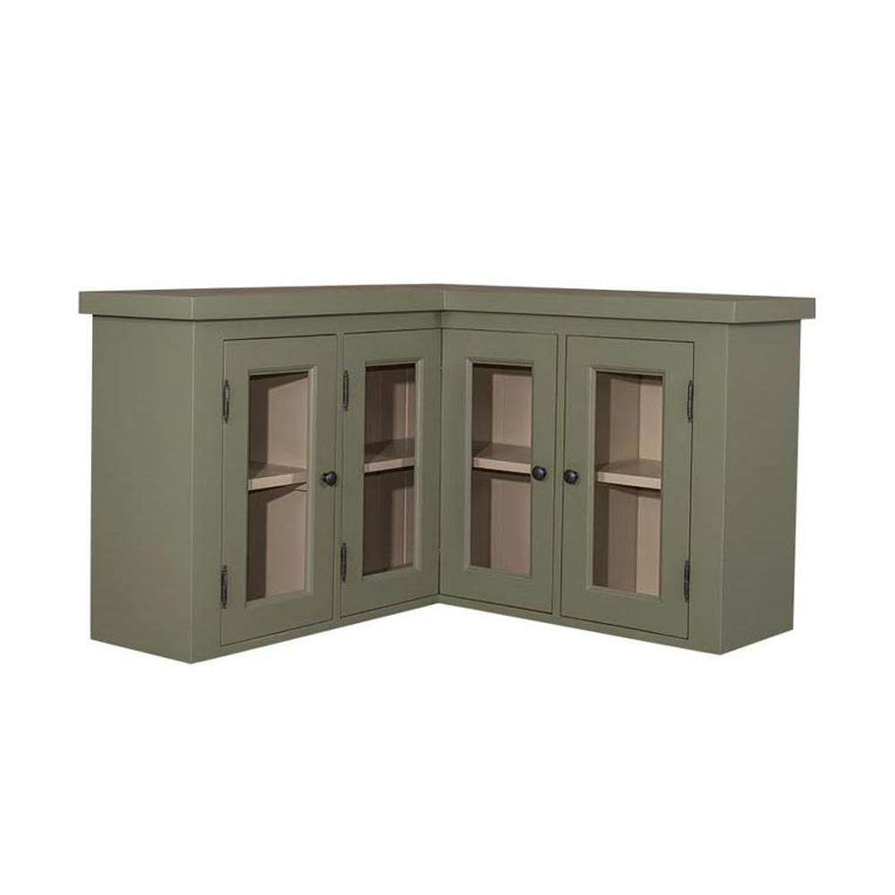 Olivazöld konyhai faliszekrény sarokelem négy üveges ajtóval.