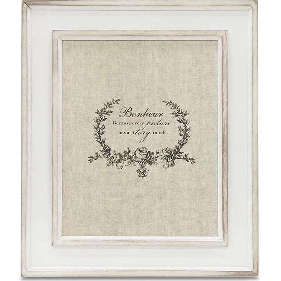 Vintage style white tabletop photo frame with Bonheur inscription behind glass