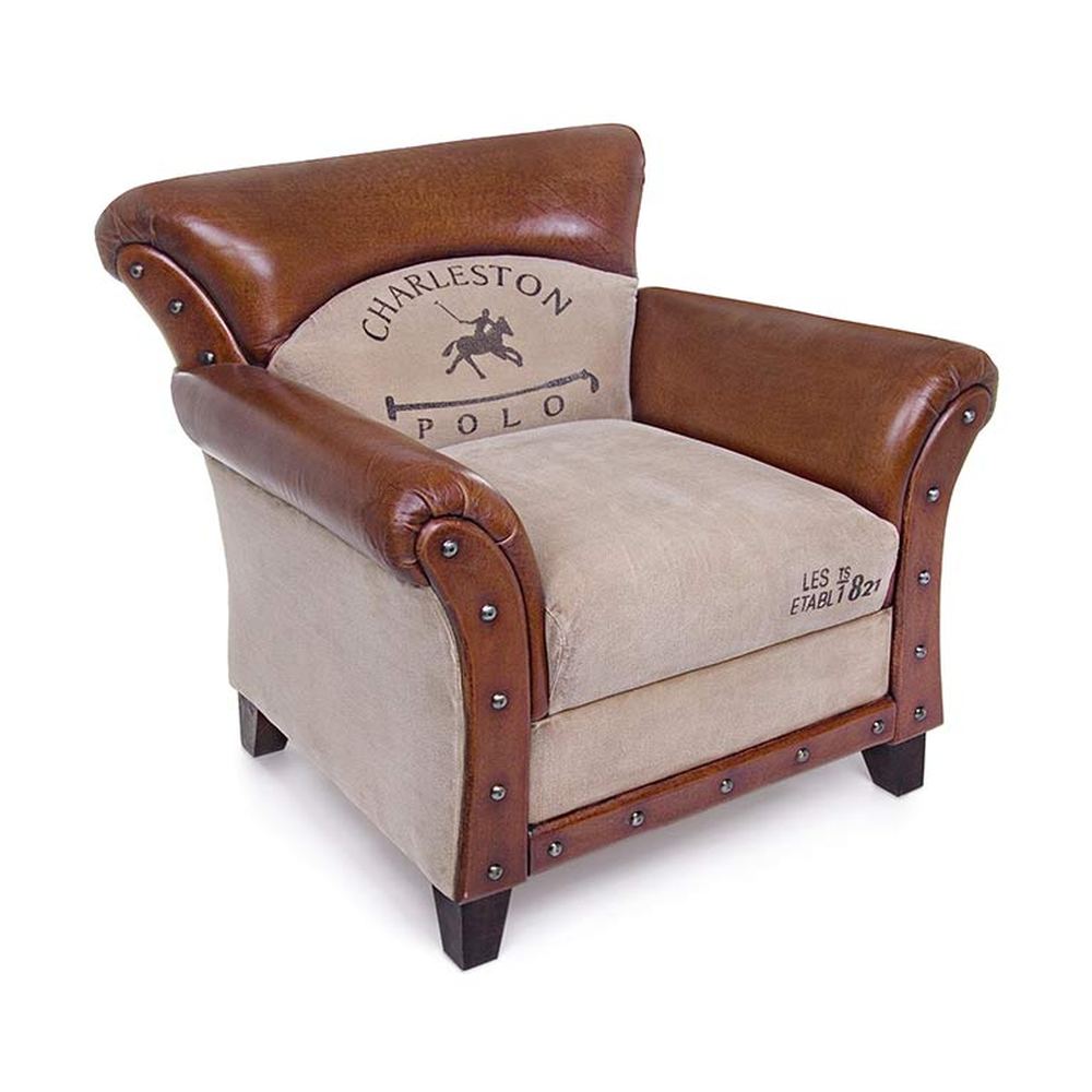 Loft stílusú, mangófából készült, bőrrel és vászonnal kárpitozott fotel.