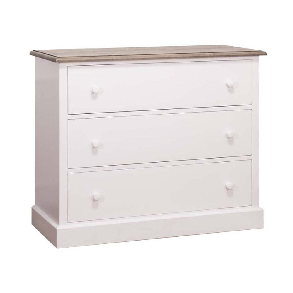 Fenyőfából készült, festett, fehér színű komód szürkésbarna színű tölgy fedlappal.