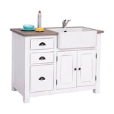 Antikolt fehér színű, tömör fenyőfából készült mosogatőszekrény, mogyoróbarna fedlappal.