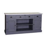 Fenyőfából készült, vidéki stílusú tálaló 4 fiókkal, 2 ajtós tárolóvól, nyitott polccal. Színe: szürkéskék.