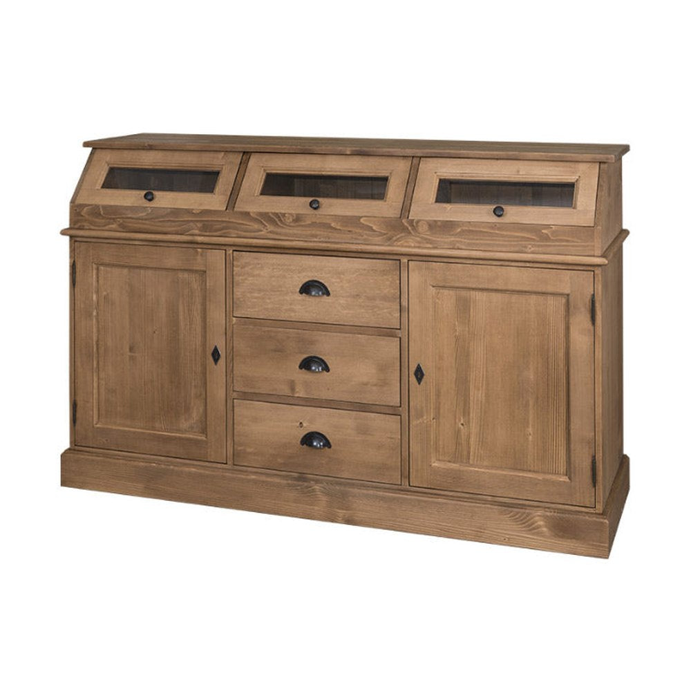 Waxolt, natúr színű tálaló, melynek közepén három fiók került kialakításra, melyeket kétoldalról ajtó tároló zár közre. A komód felső részén három vitrines tároló került kialakításra.