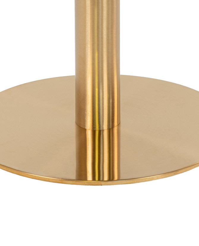 Modern, kerek formájú étkezőasztal, aranyszínű acél oszloplábbal és márványhatású MDF asztallappal.