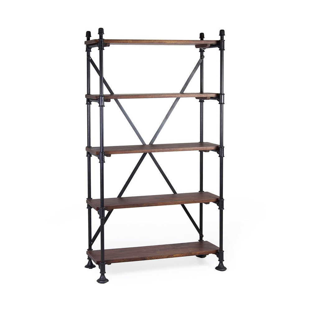 Industrial stílusú polcos állvány, fekete vas szerkezettel és öt darab mangófa polccal.