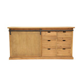 Vidéki stílusú, tolóajtós fenyőfa tálaló hat fiókkal.