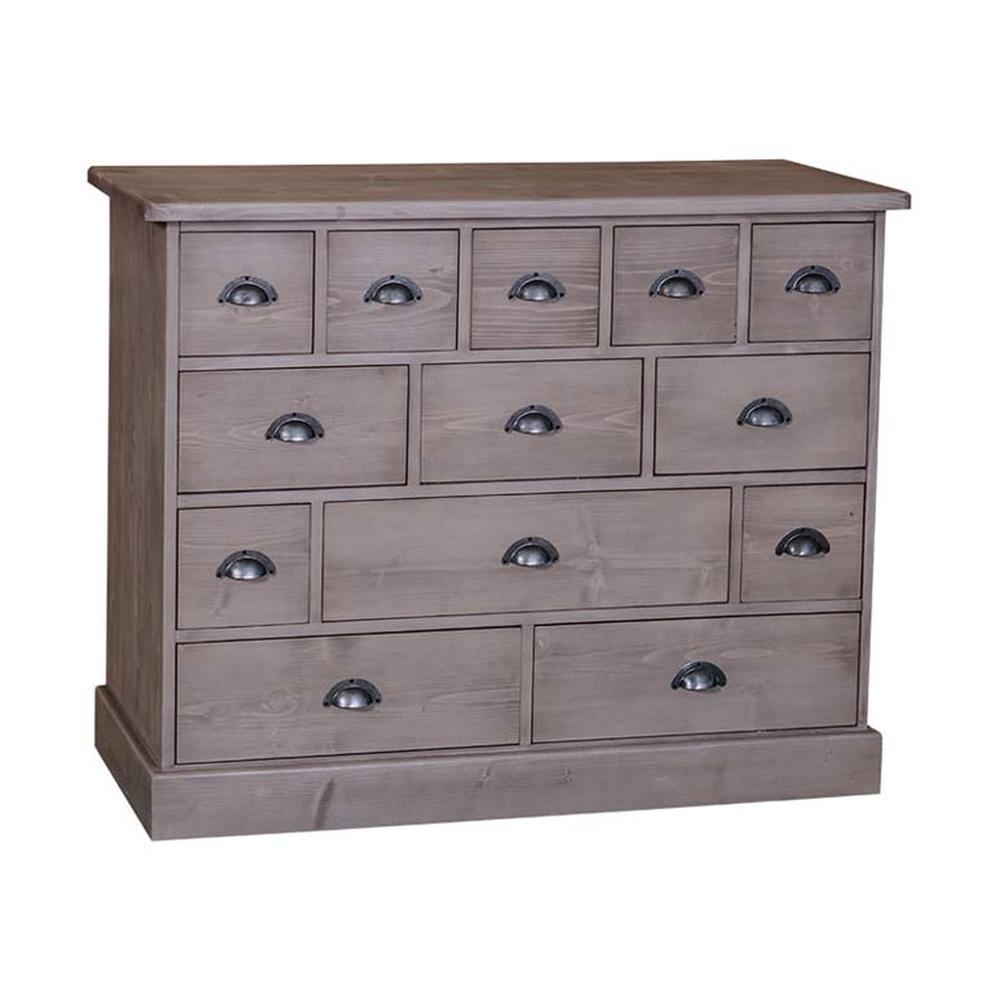 Klasszikus formatervezésű komód 13 eltérő nagyságú fiókkal. Színe szürkésbarna.