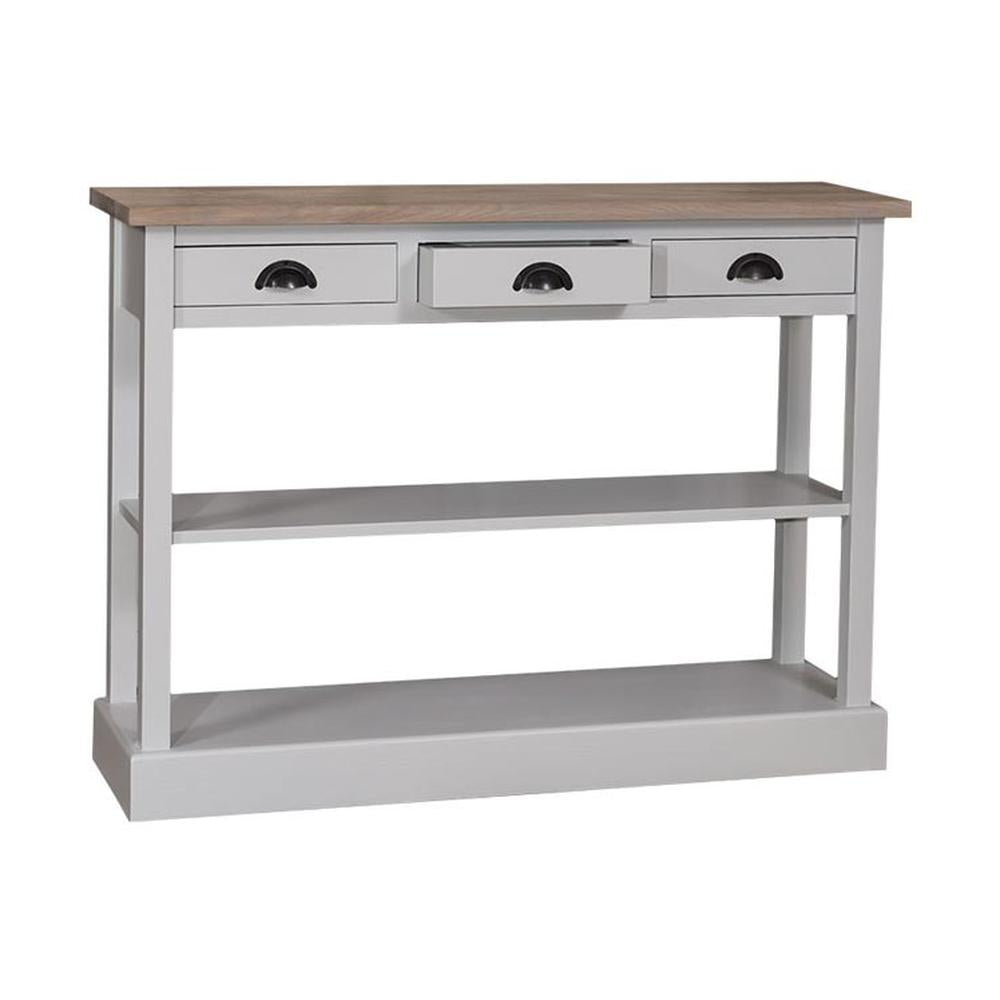 Country stílusú fenyőfa konzolasztal tölgyfa fedlappal. A tárolást három fiók valamint két polc segíti elő. Színe törtfehér és natúr.