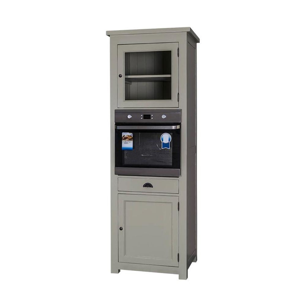 Country stílusú, szürke színű háromosztatú konyhaszekrény beépíthető sütőnek kialakított hellyel.