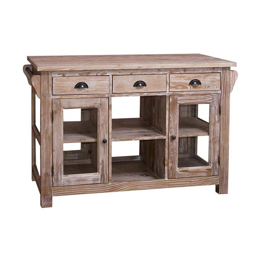 Country stílusú konyhasziget hat fiókkal, két oldalt üveges tárolóval, nyitott tárolóval. A bútort mélycsiszolásos technikával kezelték, így gyönyörűen kirajzolódnak rajta a fa erezetes mintái.