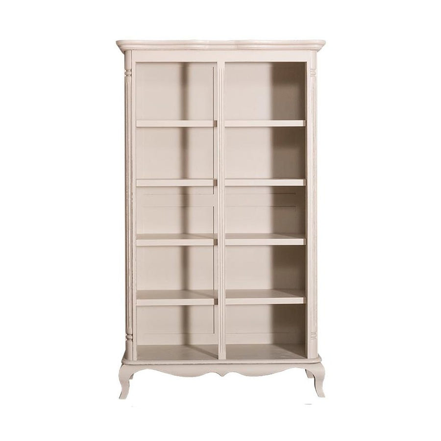 Shabby chic stílusú, fehér színű fenyőfa könyvespolc öt polccal.