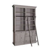 Világos szürke színű, klasszikus stílusú könyvesszekrény négy polccal és kétszer kétajtós tárolóval a bútor alján.