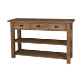 Country stílusú, rusztikus konzolasztl három fiókkal és két polccal. Színe: pácolt barna/natúr.