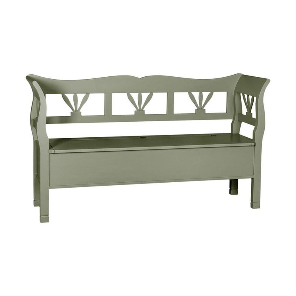 Dekoratív, tömör fenyőfából készült fenyőfa lóca, felnyitható fedlappal. Olajzöld színű.