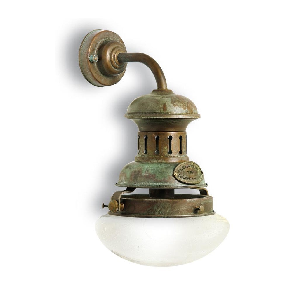 Vintage stílusú, antikolt sárgaréz színű, réz falikar opál üvegbúrával