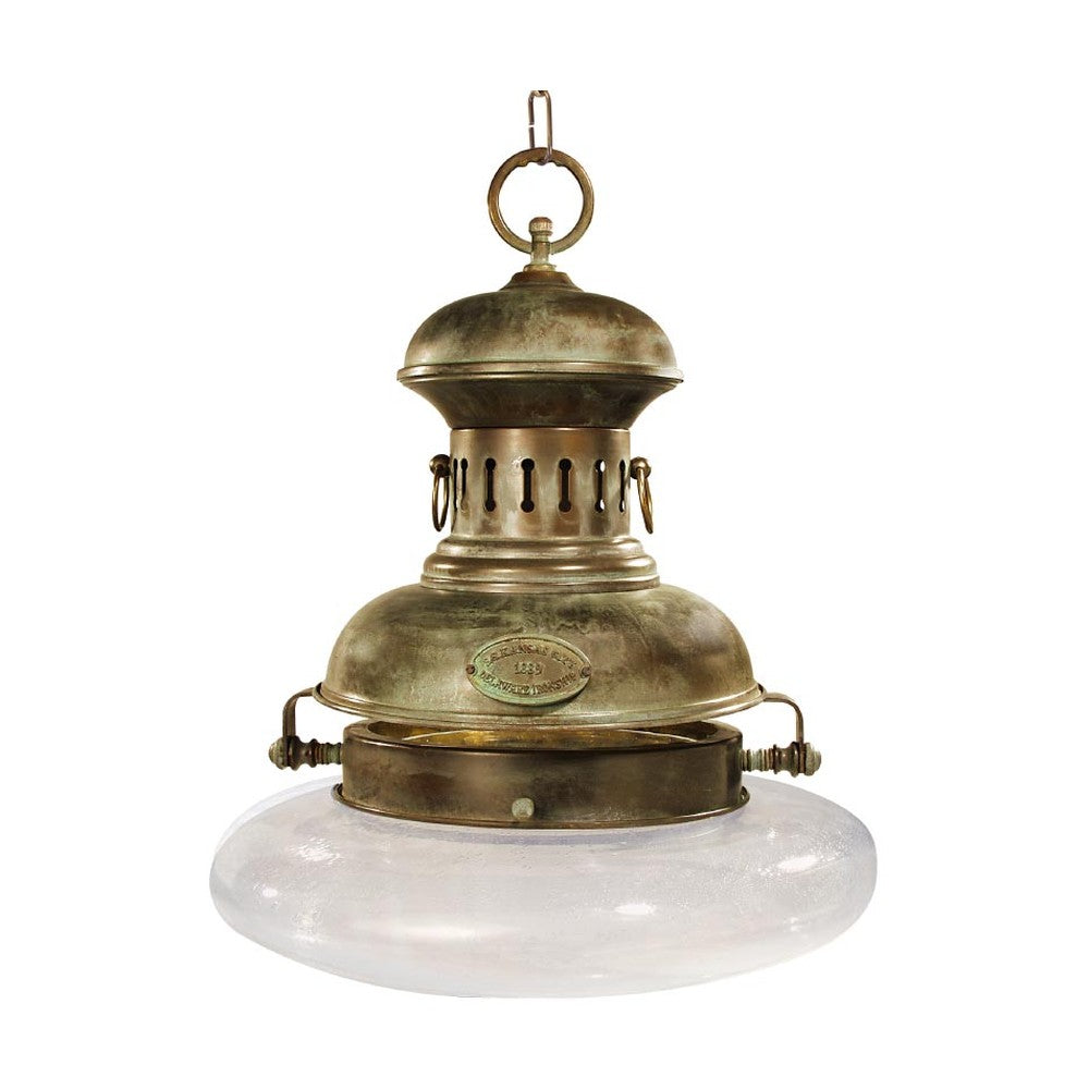 Vintage stílusú, antikolt sárgaréz színű, réz függeszték opál üvegbúrával.