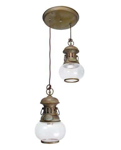 Vintage stílusú, antikolt sárgaréz színű, rézből készült függeszték két lámpával.