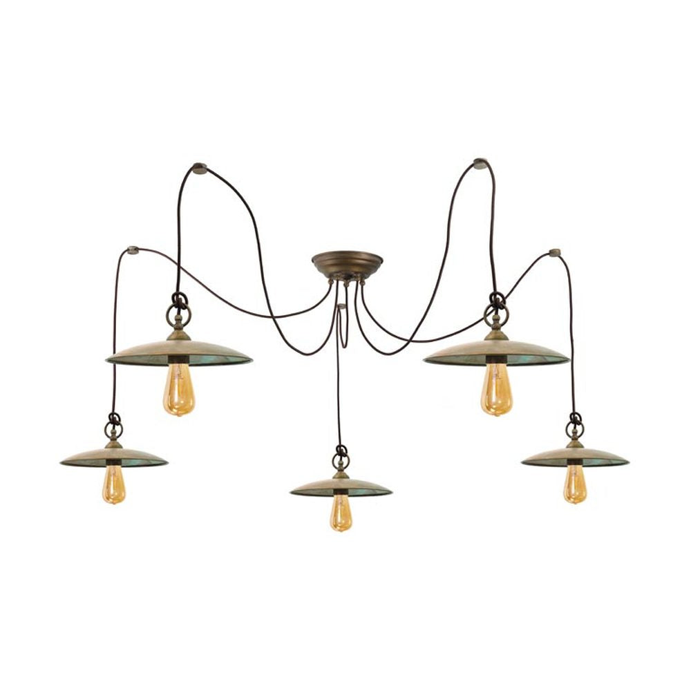 Loft stílusú, antikolt sárgaréz színű, öt lámpás réz függeszték
