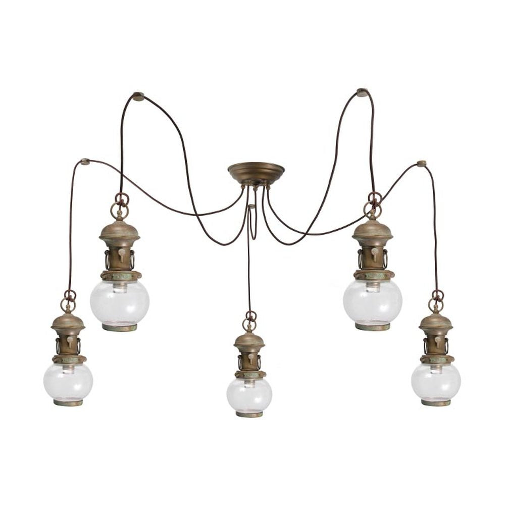 Vintage stílusú, antikolt sárgaréz színű, öt lámpából álló függeszték sárgarézből és üvegből