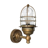 Industrial stílusú, antikolt sárgaréz színű, réz falikar átlátszó üvegbúrával.