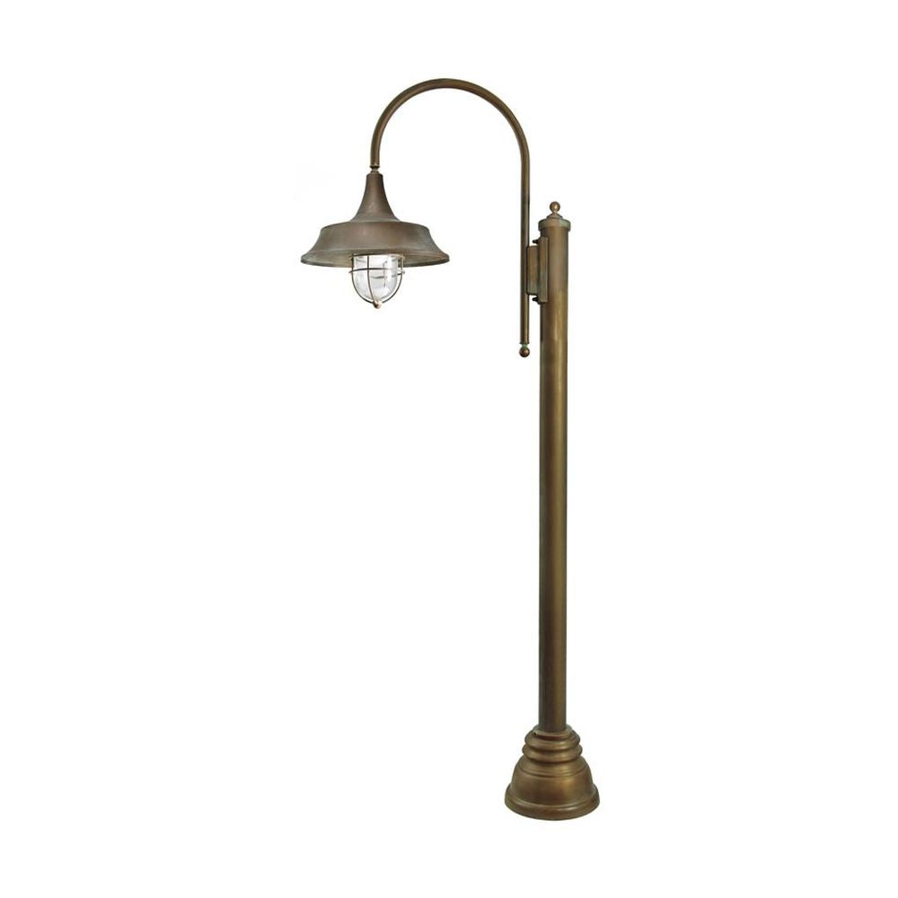 Vintage stílusú, rézből készült, 155 cm magas kandeláber üvegbúrával