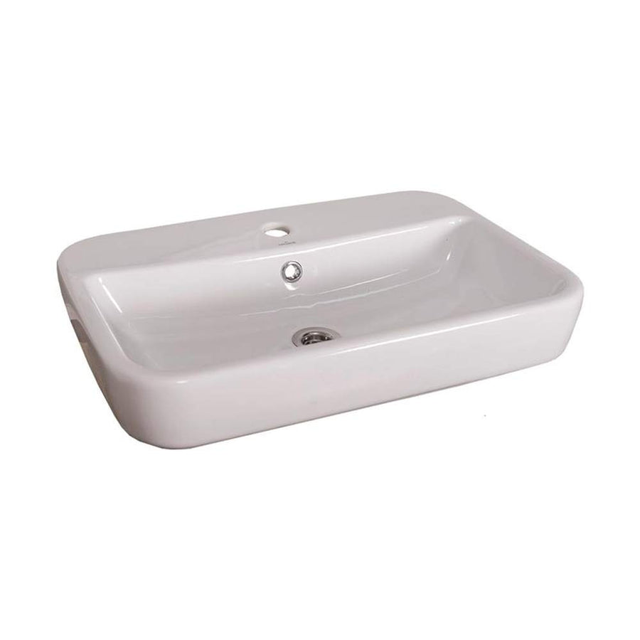 White rectangular ceramic bathroom sink with glossy finish and boatlike raised profile