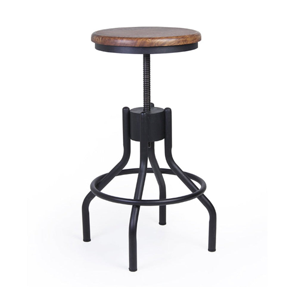 Industrial stílusú, állítható magasságú bárszék/hokedli, vas testtel és mangófa ülőfelülettel.