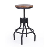 Industrial stílusú, állítható magasságú bárszék/hokedli, vas testtel és mangófa ülőfelülettel.