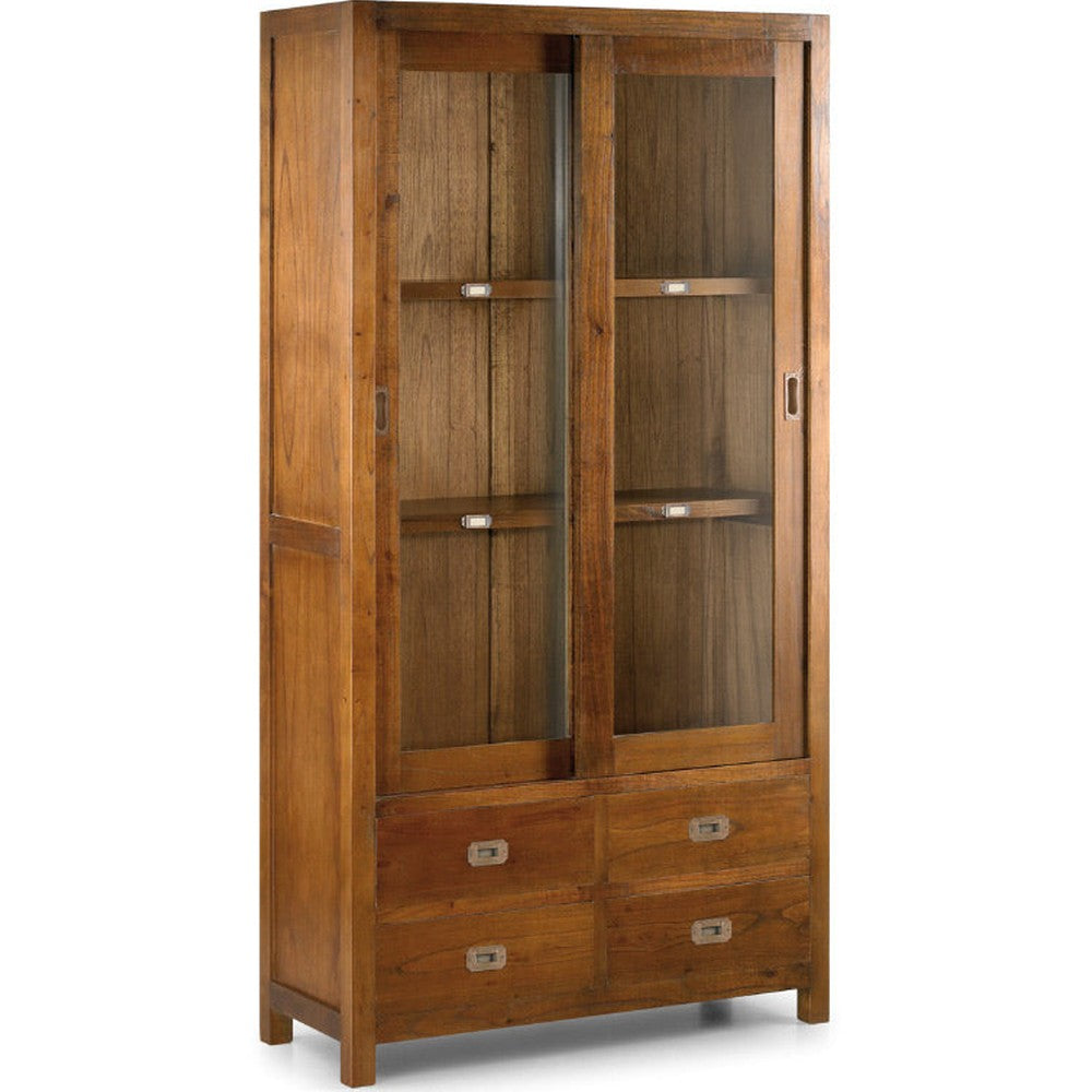 Loft stílusú, mindifából készült vitrines tárolószekrény négy fiókkal.