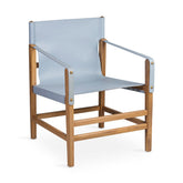 Prémium kategóriás, vintage stílusú, teakfából faragott, világoskék színű bőrrel kárpitozott kézműves karosszék.