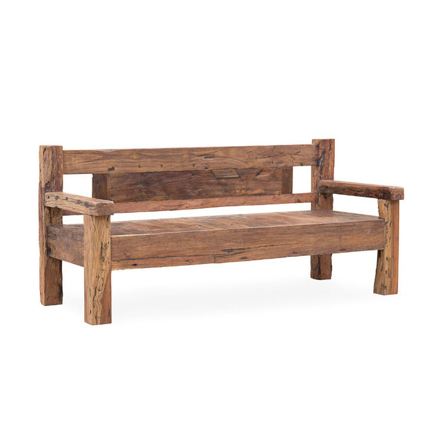 208 cm long rustic teak bench with backrest from Old Village collection