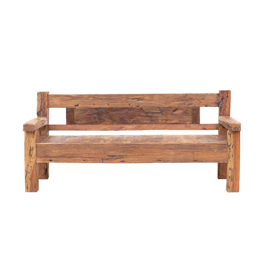 Front view of a chunky rustic teak bench with thick legs from Old Village collection